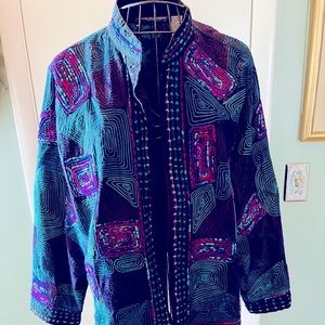 Women’s open front jacket, size 1x, embroidery and trapunto detailing